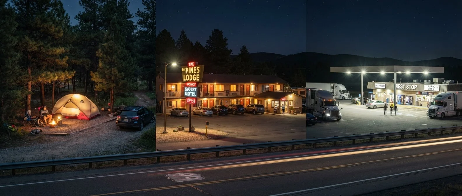 Overnight Road Trip Lodging: Camping, Motels, and Rest Stops Side by Side
